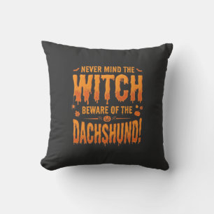Dachshund Halloween Witch Warning Typography Vecto Cushion