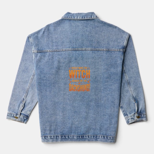 Dachshund Halloween Witch Warning Typography Vecto Denim Jacket (Back)