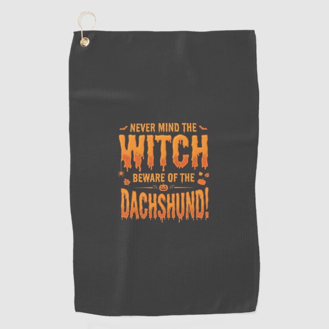 Dachshund Halloween Witch Warning Typography Vecto Golf Towel (Front)