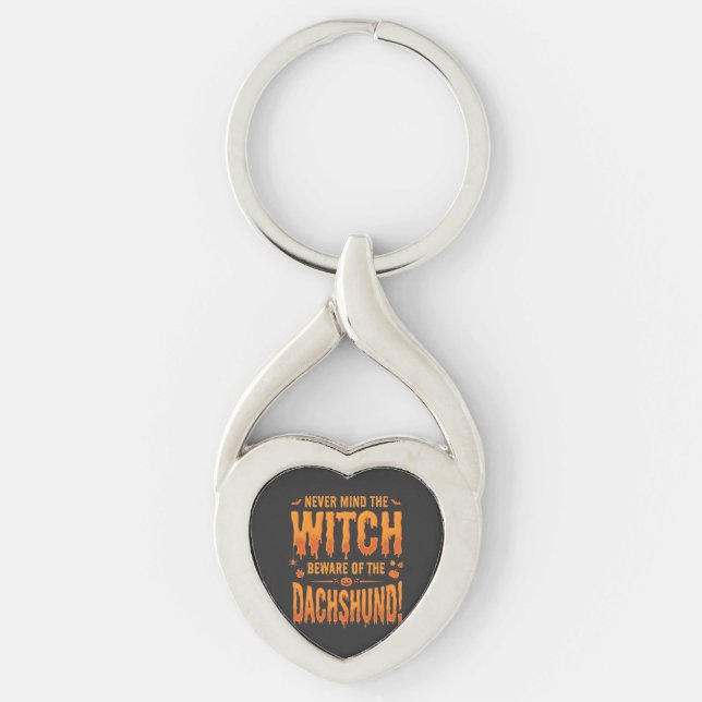 Dachshund Halloween Witch Warning Typography Vecto Key Ring (Front)
