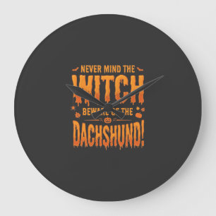 Dachshund Halloween Witch Warning Typography Vecto Large Clock