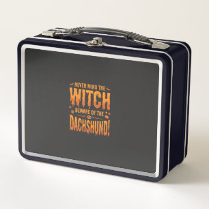 Dachshund Halloween Witch Warning Typography Vecto Metal Lunch Box