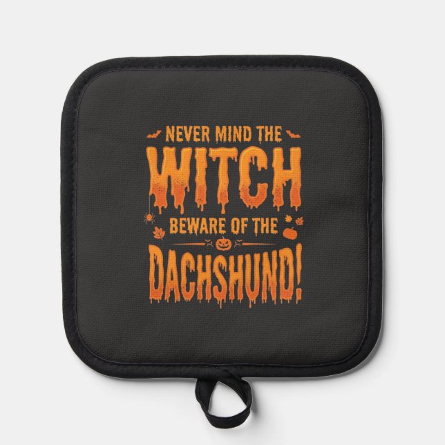 Dachshund Halloween Witch Warning Typography Vecto Pot Holder (Front)