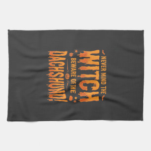 Dachshund Halloween Witch Warning Typography Vecto Tea Towel