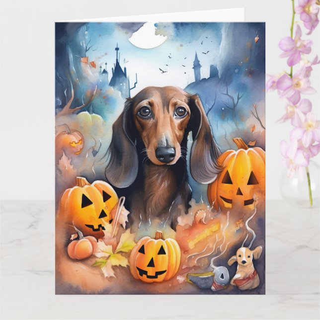 Dachshund Halloween With Pumpkins Scary Card (Orchid)