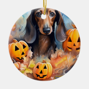 Dachshund Halloween With Pumpkins Scary Ceramic Tree Decoration
