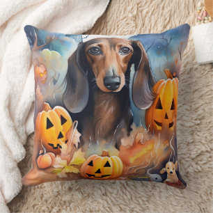 Dachshund Halloween With Pumpkins Scary Cushion