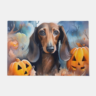 Dachshund Halloween With Pumpkins Scary Doormat