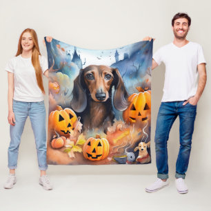 Dachshund Halloween With Pumpkins Scary Fleece Blanket