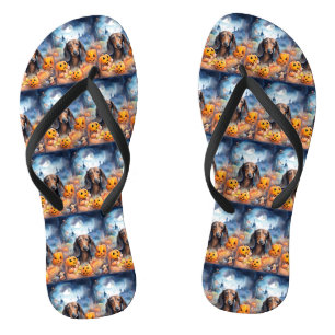 Dachshund Halloween With Pumpkins Scary Flip Flops