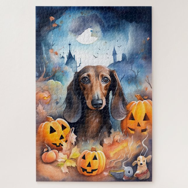 Dachshund Halloween With Pumpkins Scary Jigsaw Puzzle (Vertical)
