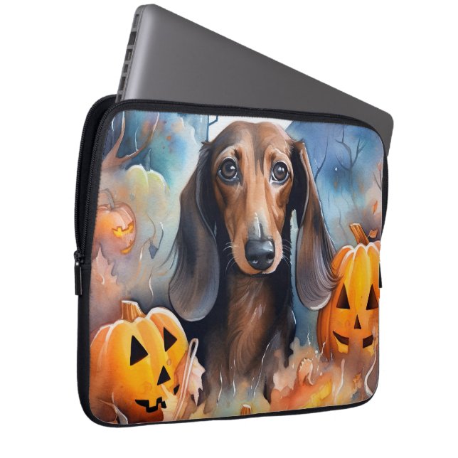 Dachshund Halloween With Pumpkins Scary Laptop Sleeve (Front Right)