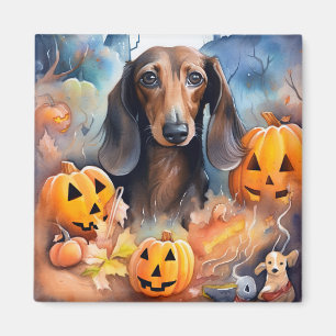 Dachshund Halloween With Pumpkins Scary Magnet