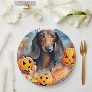Dachshund Halloween With Pumpkins Scary Paper Plate