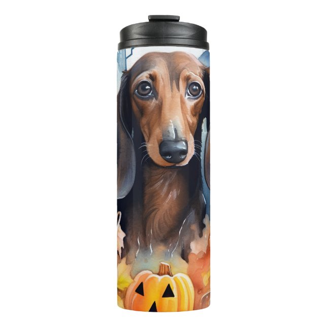 Dachshund Halloween With Pumpkins Scary Thermal Tumbler (Front)