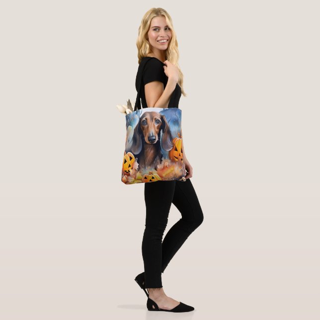 Dachshund Halloween With Pumpkins Scary Tote Bag (On Model)