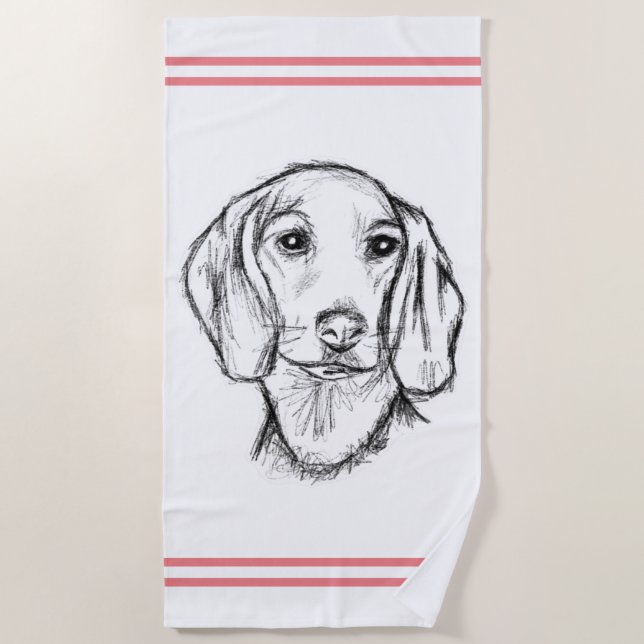 dachshund hand drawn sketch black white puppy dog  beach towel (Front)
