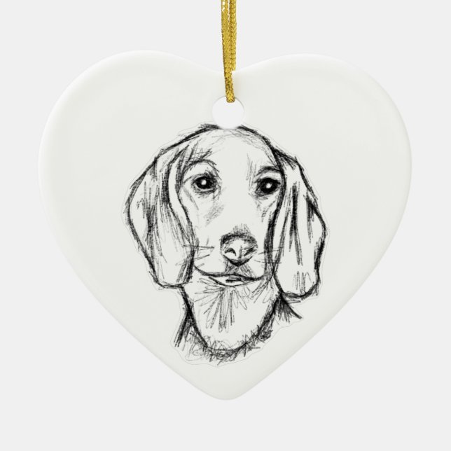 dachshund hand drawn sketch black white puppy dog  ceramic tree decoration (Front)