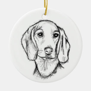 dachshund hand drawn sketch black white puppy dog ceramic tree decoration
