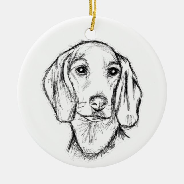 dachshund hand drawn sketch black white puppy dog  ceramic tree decoration (Front)
