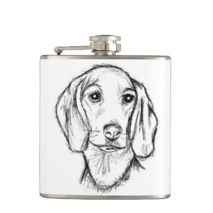 dachshund hand drawn sketch black white puppy dog hip flask