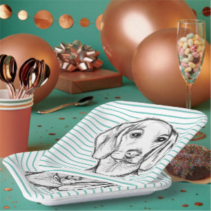 dachshund hand drawn sketch black white puppy dog  paper plate