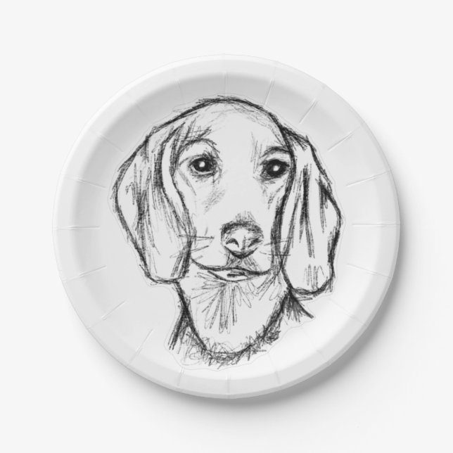 dachshund hand drawn sketch black white puppy dog  paper plate (Front)