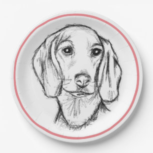 dachshund hand drawn sketch black white puppy dog paper plate