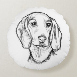 dachshund hand drawn sketch black white puppy dog round cushion