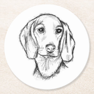 dachshund hand drawn sketch black white puppy dog  round paper coaster
