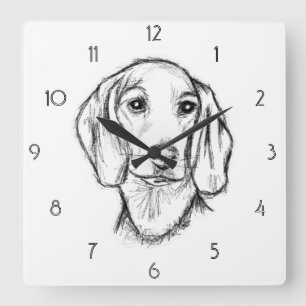 dachshund hand drawn sketch black white puppy dog square wall clock