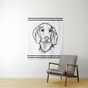 dachshund hand drawn sketch black white puppy dog  tapestry