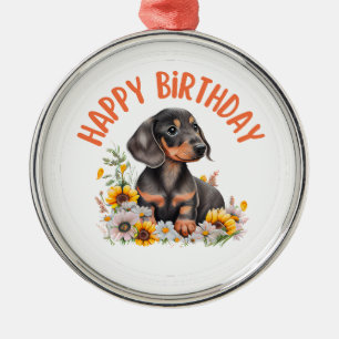 Dachshund Happy Birthday Metal Tree Decoration