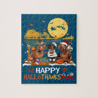 Dachshund Happy Hallothanksmas Halloween Thanksgiv Jigsaw Puzzle