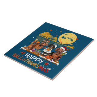 Dachshund Happy Hallothanksmas Halloween Thanksgiv Tile