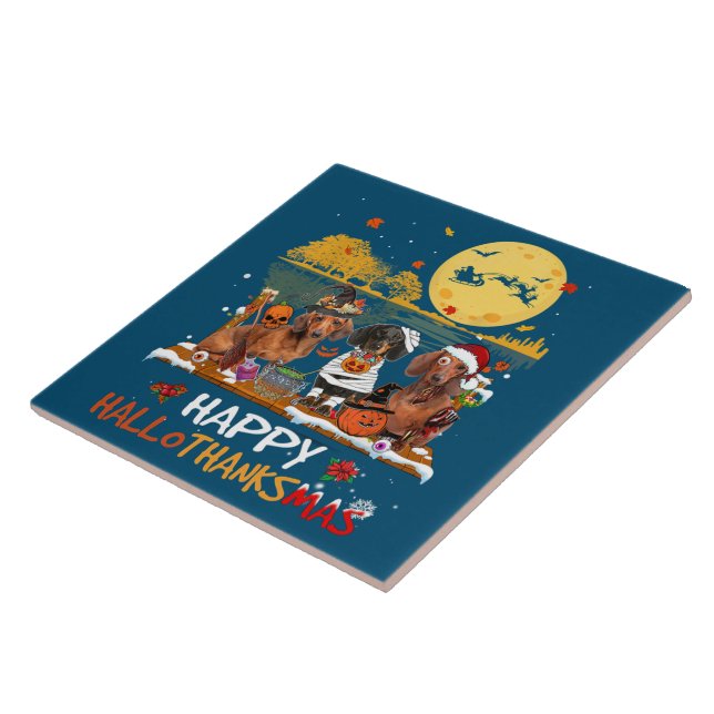 Dachshund Happy Hallothanksmas Halloween Thanksgiv Tile (Side)
