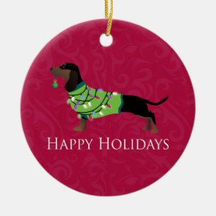 Dachshund Happy Holidays Design Ceramic Tree Decoration