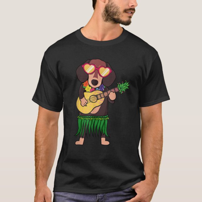 Dachshund Hawaiian Costume Playing Ukulele Summer  T-Shirt (Front)