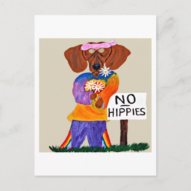 Dachshund Hippie at No Hippies Sign Invitation Postcard (Front)