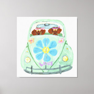 Dachshund Hippies In Their Flower Love Car Canvas Print