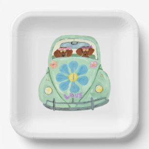Dachshund Hippies In Their Flower Love Car Paper Plate