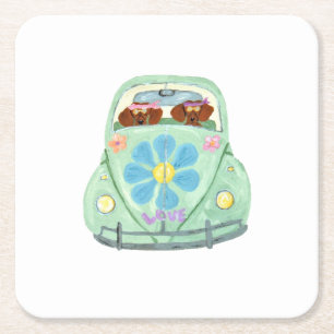 Dachshund Hippies In Their Flower Love Car Square Paper Coaster