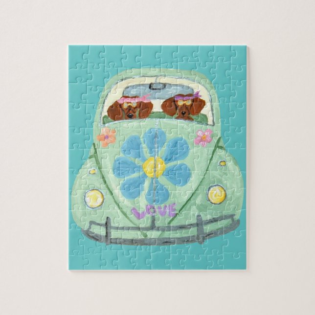 Dachshund Hippies In Their Flower Love Mobile Jigsaw Puzzle (Vertical)