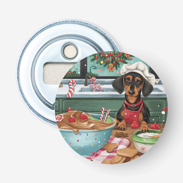 Dachshund Holiday Baking: Festive Christmas  Bottle Opener (Front)