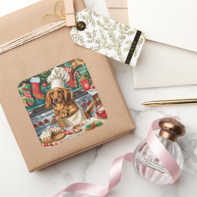 Dachshund Holiday Baking: Festive Christmas Square Sticker (Gifting)