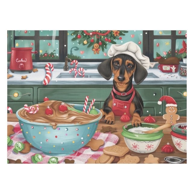 Dachshund Holiday Baking: Festive Christmas  Tablecloth (Front (Horizontal))