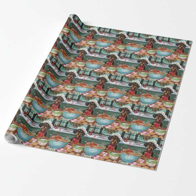 Dachshund Holiday Baking: Festive Christmas  Wrapping Paper (Unrolled)