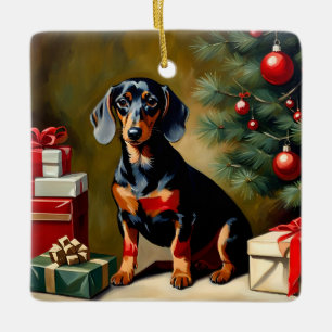 Dachshund Holiday Illustration Ceramic Ornament