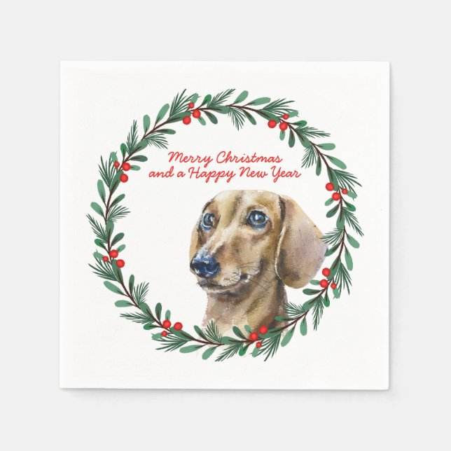 Dachshund Holiday Wreath Personalised Christmas Napkin (Front)