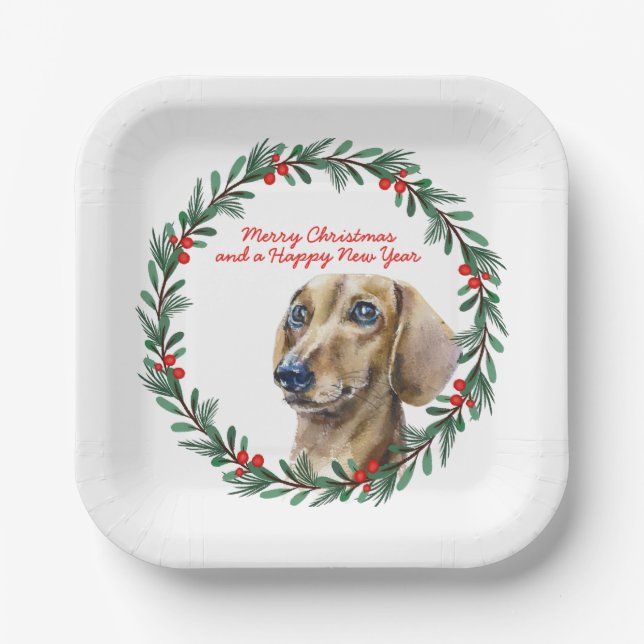 Dachshund Holiday Wreath Personalised Christmas Paper Plate (Front)